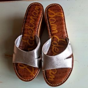 Sam Edelman silver sandals with 2-2.5" tall wooden wedge in size 8.5.